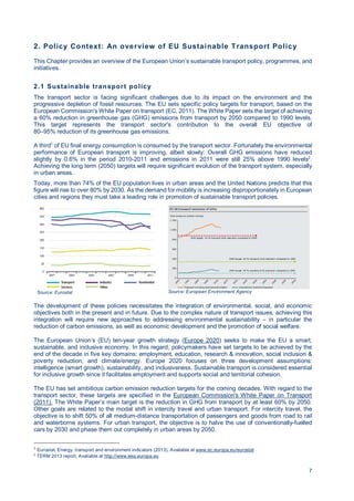 7
2. Policy Context: An overview of EU Sustainable Transport Policy
This Chapter provides an overview of the European Union’s sustainable transport policy, programmes, and
initiatives.
2.1 Sustainable transport policy
The transport sector is facing significant challenges due to its impact on the environment and the
progressive depletion of fossil resources. The EU sets specific policy targets for transport, based on the
European Commission's White Paper on transport (EC, 2011). The White Paper sets the target of achieving
a 60% reduction in greenhouse gas (GHG) emissions from transport by 2050 compared to 1990 levels.
This target represents the transport sector's contribution to the overall EU objective of
80–95% reduction of its greenhouse gas emissions.
A third1
of EU final energy consumption is consumed by the transport sector. Fortunately the environmental
performance of European transport is improving, albeit slowly: Overall GHG emissions have reduced
slightly by 0.6% in the period 2010-2011 and emissions in 2011 were still 25% above 1990 levels2
.
Achieving the long term (2050) targets will require significant evolution of the transport system, especially
in urban areas.
Today, more than 74% of the EU population lives in urban areas and the United Nations predicts that this
figure will rise to over 80% by 2030. As the demand for mobility is increasing disproportionately in European
cities and regions they must take a leading role in promotion of sustainable transport policies.
Source: Eurostat Source: European Environment Agency
The development of these policies necessitates the integration of environmental, social, and economic
objectives both in the present and in future. Due to the complex nature of transport issues, achieving this
integration will require new approaches to addressing environmental sustainability – in particular the
reduction of carbon emissions, as well as economic development and the promotion of social welfare.
The European Union’s (EU) ten-year growth strategy (Europe 2020) seeks to make the EU a smart,
sustainable, and inclusive economy. In this regard, policymakers have set targets to be achieved by the
end of the decade in five key domains: employment, education, research & innovation, social inclusion &
poverty reduction, and climate/energy. Europe 2020 focuses on three development assumptions:
intelligence (smart growth), sustainability, and inclusiveness. Sustainable transport is considered essential
for inclusive growth since it facilitates employment and supports social and territorial cohesion.
The EU has set ambitious carbon emission reduction targets for the coming decades. With regard to the
transport sector, these targets are specified in the European Commission's White Paper on Transport
(2011). The White Paper’s main target is the reduction in GHG from transport by at least 60% by 2050.
Other goals are related to the modal shift in intercity travel and urban transport. For intercity travel, the
objective is to shift 50% of all medium-distance transportation of passengers and goods from road to rail
and waterborne systems. For urban transport, the objective is to halve the use of conventionally-fuelled
cars by 2030 and phase them out completely in urban areas by 2050.
1
Eurostat, Energy, transport and environment indicators (2013), Avaliable at www.ec.europa.eu/eurostat
2
TERM 2013 report, Avaliable at http://www.eea.europa.eu
 