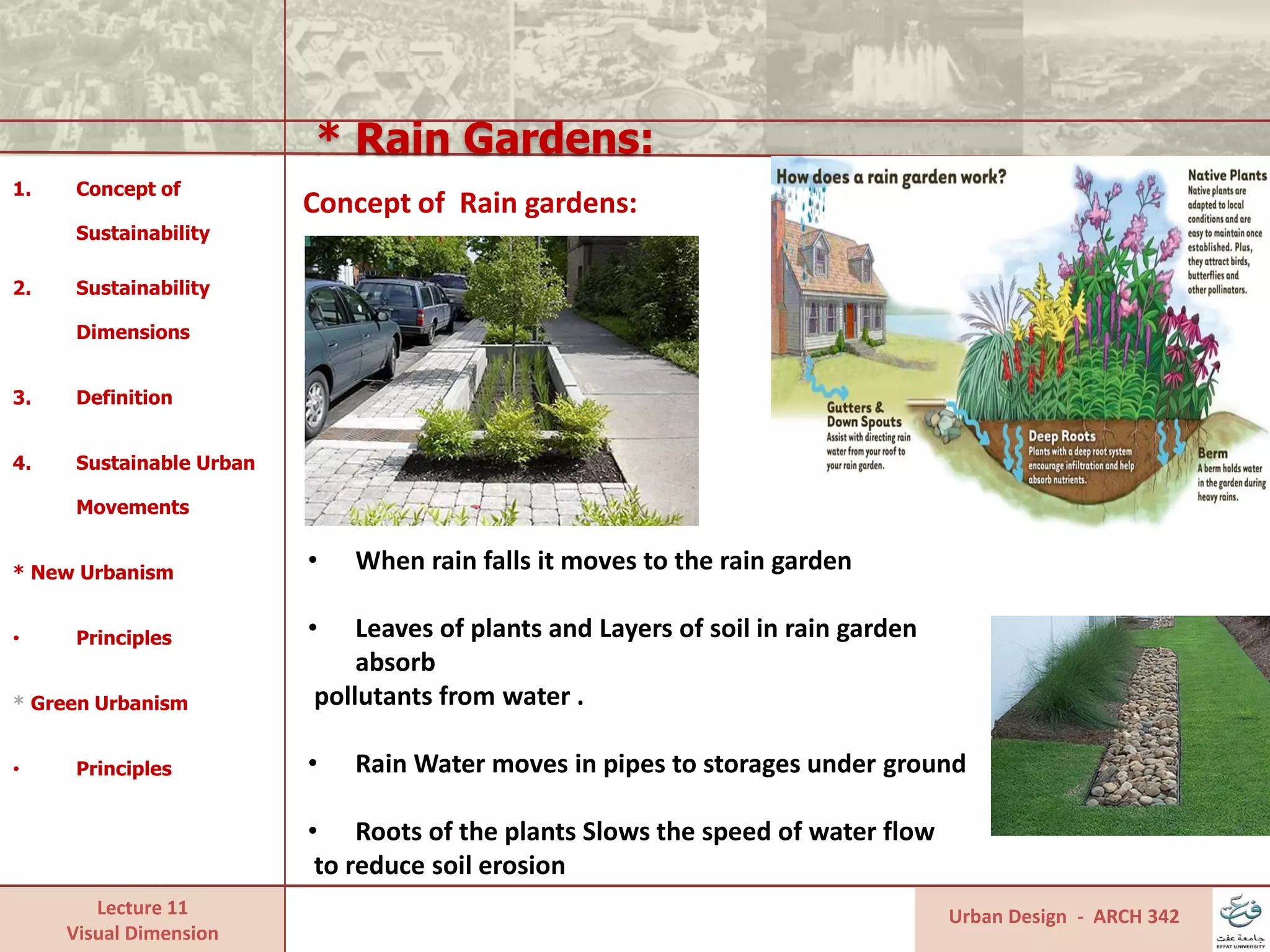 Lecture 11
Visual Dimension
* Rain Gardens:
Urban Design - ARCH 342
1. Concept of
Sustainability
2. Sustainability
Dimensions
3. Definition
4. Sustainable Urban
Movements
* New Urbanism
• Principles
* Green Urbanism
• Principles
Concept of Rain gardens:
• When rain falls it moves to the rain garden
• Leaves of plants and Layers of soil in rain garden
absorb
pollutants from water .
• Rain Water moves in pipes to storages under ground
• Roots of the plants Slows the speed of water flow
to reduce soil erosion
 