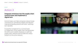 Thought you knew the Scope 3 issues in your supply chain? Think again. Copyright © 2022 Accenture. All rights reserved. 16
Action 3
Integrate emissions into the supply chain
control tower and implement a
digital twin
Control towers can help companies reduce Scope
3 emissions by centralizing visibility and decision
making and guiding actions with short- and long-
term benefits.
A powerful complement to a control tower
is a digital twin of the supply chain that generates
the end-to-end visibility necessary to optimize
supply chain networks and simulate the carbon
footprint of the entire network.
Action 1 | Action 2 | Action 3 | Action 4 | Action 5
 