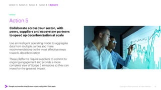 Thought you knew the Scope 3 issues in your supply chain? Think again. Copyright © 2022 Accenture. All rights reserved. 18
Action 5
Collaborate across your sector, with
peers, suppliers and ecosystem partners
to speed up decarbonization at scale
Use an intelligent operating model to aggregate
data from multiple parties and make
recommendations on the most effective steps
towards decarbonization.
These platforms require suppliers to commit to
ongoing engagement and provide a more
complete view of Scope 3 emissions so they can
invest for the greatest impact.
Action 1 | Action 2 | Action 3 | Action 4 | Action 5
 