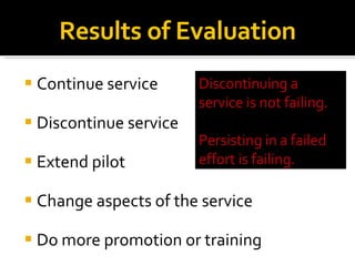 Continue service Discontinue service Extend pilot Change aspects of the service Do more promotion or training Results of Evaluation Discontinuing a service is not failing.  Persisting in a failed effort is failing. 