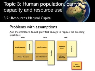 Topic 3: Human population, carrying
capacity and resource use
3.2 : Resources Natural Capital

   Problems with assumptions
   And the immature do not grow fast enough to replace the breeding
   stock lost
               Year 1                            Year 2                      Year 3
                             immature




                                                                                      immature
                                         breeding stock               breeding
       breeding stock
                                                                       stock

                                                           immature



                                        old and diseased               old and
          old and diseased
                                                                      diseased




                                                                                                   Stock
                                                                                                 harvested
 