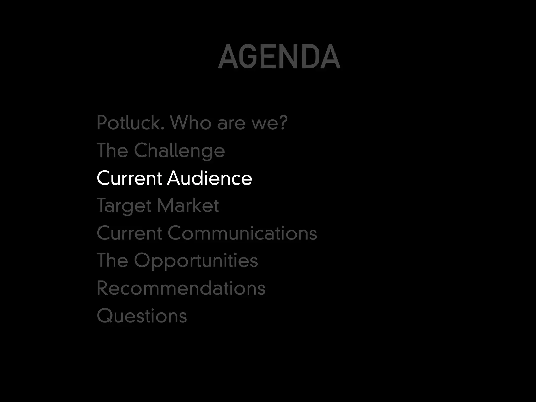 AGENDA
Potluck. Who are we?
The Challenge
Current Audience
Target Market
Current Communications
The Opportunities
Recommendations
Questions
 