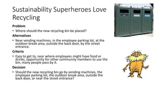 Sustainability Superheroes Love
Recycling
Problem
• Where should the new recycling bin be placed?
Alternatives
• Near vending machines, in the employee parking lot, at the
outdoor break area, outside the back door, by the street
entrance.
Criteria
• Easy to get to, near where employees might have food or
drinks, opportunity for other community members to use the
bin, many people pass by it.
Decision
• Should the new recycling bin go by vending machines, the
employee parking lot, the outdoor break area, outside the
back door, or near the street entrance?
 
