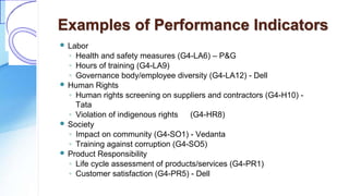 Examples of Performance Indicators
 Labor
◦ Health and safety measures (G4-LA6) – P&G
◦ Hours of training (G4-LA9)
◦ Governance body/employee diversity (G4-LA12) - Dell
 Human Rights
◦ Human rights screening on suppliers and contractors (G4-H10) -
Tata
◦ Violation of indigenous rights (G4-HR8)
 Society
◦ Impact on community (G4-SO1) - Vedanta
◦ Training against corruption (G4-SO5)
 Product Responsibility
◦ Life cycle assessment of products/services (G4-PR1)
◦ Customer satisfaction (G4-PR5) - Dell
 