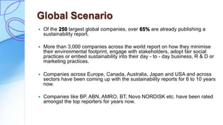 Global Scenario
 Of the 250 largest global companies, over 65% are already publishing a
sustainability report.
 More than 3,000 companies across the world report on how they minimise
their environmental footprint, engage with stakeholders, adopt fair social
practices or embed sustainability into their day - to - day business, R & D or
marketing practices.
 Companies across Europe, Canada, Australia, Japan and USA and across
sectors have been coming up with the sustainability reports for 6 to 10 years
now.
 Companies like BP, ABN, AMRO, BT, Novo NORDISK etc. have been rated
amongst the top reporters for years now.
 
