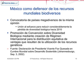 México como defensor de los recursos
mundiales biodiversos
 Convocatoria de países megadiversos de la misma
opinión
 Unión al esfuerzo para reducir considerablemente la
pérdida de diversidad biológica hacia 2010
 Promoción de Convención sobre Diversidad
Biológica mediante creación de Régimen
Internacional para la distribución equitativa de
ventajas que resulten de la utilización de los recursos
genéticos
– Fuente: Declaración de Presidente Vicente Fox Quesada en
Cumbre Mundial sobre Desarrollo Sostenible (Johannesburgo,
Sep. 3, 2002)
4/23/2024 4:20 PM © PrestonArza - All Rights Reserved 10
 
