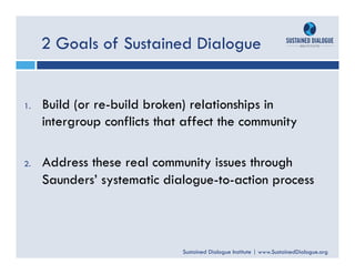 Sustained Dialogue Institute | www.SustainedDialogue.org
2 Goals of Sustained Dialogue
1.  Build (or re-build broken) rela...