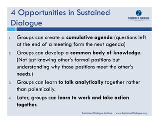 Sustained Dialogue Institute | www.SustainedDialogue.org
4 Opportunities in Sustained
Dialogue
1.  Groups can create a cum...