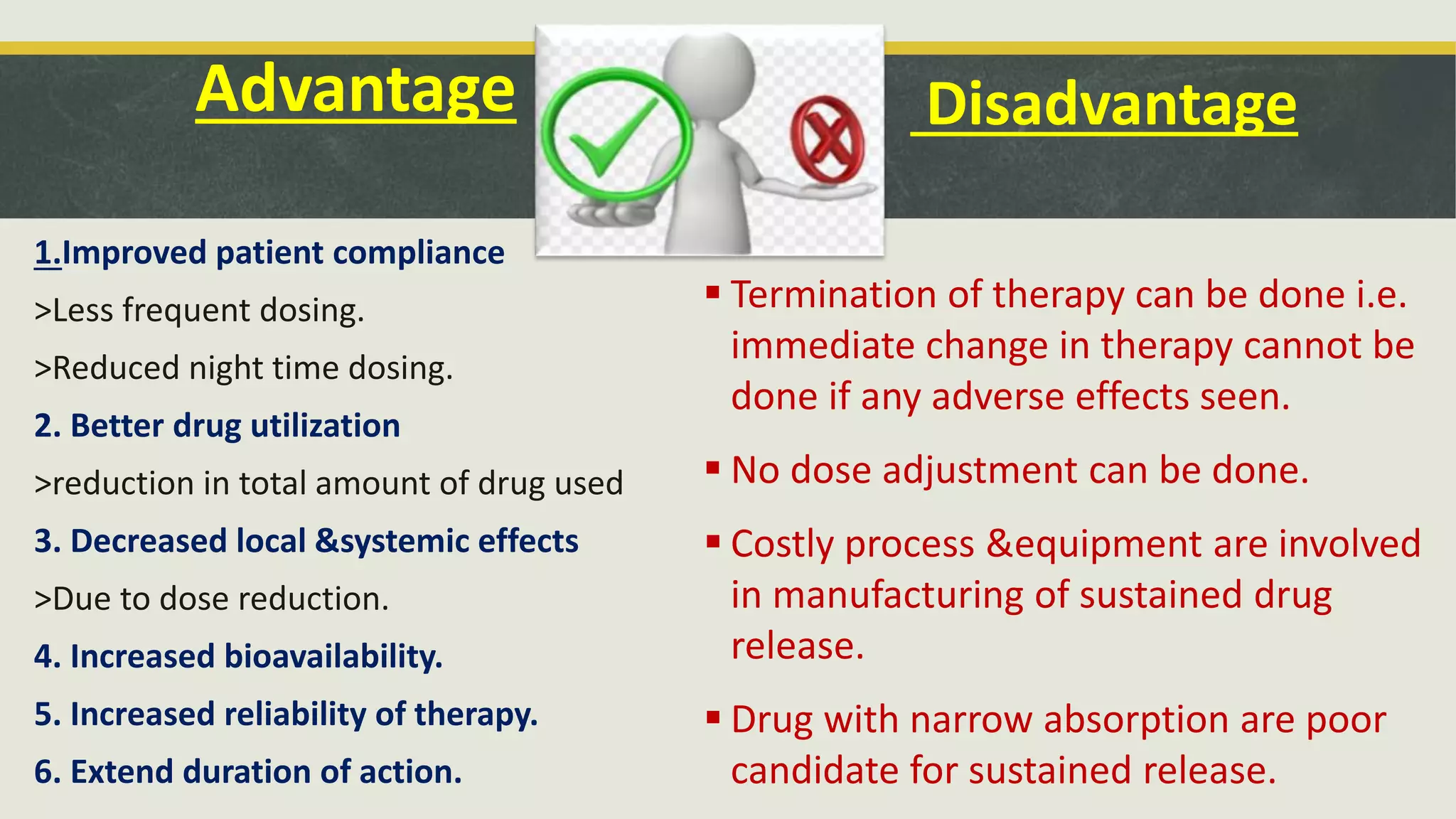 Advantage
1.Improved patient compliance
>Less frequent dosing.
>Reduced night time dosing.
2. Better drug utilization
>reduction in total amount of drug used
3. Decreased local &systemic effects
>Due to dose reduction.
4. Increased bioavailability.
5. Increased reliability of therapy.
6. Extend duration of action.
Disadvantage
 Termination of therapy can be done i.e.
immediate change in therapy cannot be
done if any adverse effects seen.
 No dose adjustment can be done.
 Costly process &equipment are involved
in manufacturing of sustained drug
release.
 Drug with narrow absorption are poor
candidate for sustained release.
 