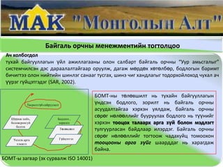 Байгаль орчны менежментийн тогтолцоо
 Ач холбогдол
 тухай байгууллагын үйл ажиллагааны олон салбарт байгаль орчны “Уур амьсгалыг”
 системчилсэн дэс дараалалтайгаар оруулж, дагаж мөрдөх хөтөлбөр, бодлогын баримт
 бичигтээ олон нийтийн шинлэг санааг тусгах, шинэ чиг хандлагыг тодорхойлоход чухал ач
 үүрэг гүйцэтгэдэг (SAR, 2002).

                                                 БОМТ-ны төлөвшилт нь тухайн байгууллагын
             Тасралтгүй сайруулалт
                                                 үндсэн бодлого, зорилт нь байгаль орчны
                                                 асуудалтайгаа хэрхэн уялдаж, байгаль орчны
   Шүүмж хийх,                   Бодлого ,
                                                 сөрөг нөлөөллийг бууруулах бодлого нь түүнийг
   боловсронгуй                   зорилго        хэрхэн тооцох талаарх арга зүй болон мэдлэгт
      болгох
                                     Төлөвлөлт   тулгуурласан байдлаар илэрдэг. Байгаль орчны
                                     Гүйцэтгэл
                                                 сөрөг нөлөөллийг тогтоож чадахуйц томоохон
    Үнэлэх арга
      хэмжээ                                     тооцооны арга зүйг шаарддаг нь харагдаж
                                                 байна.
БОМТ-ы загвар (эх сурвалж ISO 14001)
 