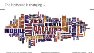 The	
  landscape	
  is	
  changing	
  …	
  
pg 10Copyright (c) 2014 - First San Francisco Partners www.firstsanfranciscopartners.com Proprietary and Confidential
pg 10Copyright (c) 2015 - First San Francisco Partners www.firstsanfranciscopartners.com Proprietary and Confidential
 