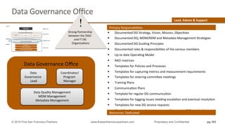 Data	
  Governance	
  Oﬃce	
  
§  Documented	
  DG	
  Strategy,	
  Vision,	
  Mission,	
  ObjecQves	
  
§  Documented	
  DQ,	
  MDM/RDM	
  and	
  Metadata	
  Management	
  Strategies	
  
§  Documented	
  DG	
  Guiding	
  Principles	
  
§  Documented	
  roles	
  &	
  responsibiliQes	
  of	
  the	
  various	
  members	
  
§  Up	
  to	
  date	
  OperaQng	
  Model	
  
§  RACI	
  matrices	
  
§  Templates	
  for	
  Policies	
  and	
  Processes	
  
§  Templates	
  for	
  capturing	
  metrics	
  and	
  measurement	
  requirements	
  
§  Templates	
  for	
  steering	
  commihee	
  meeQngs	
  
§  Training	
  Plans	
  
§  CommunicaQon	
  Plans	
  
§  Template	
  for	
  regular	
  DG	
  communicaQon	
  
§  Templates	
  for	
  logging	
  issues	
  needing	
  escalaQon	
  and	
  eventual	
  resoluQon	
  
§  Templates	
  for	
  new	
  DG	
  service	
  requests	
  
§  Checklists	
  for	
  new	
  projects	
  to	
  ensure	
  adherence	
  to	
  DG	
  standards	
  
Resources:	
  Dedicated	
  
Primary	
  ResponsibiliQes	
  
Lead,	
  Advise	
  &	
  Support	
  
Data	
  Governance	
  Oﬃce	
  
Data	
  Quality	
  Management	
  
MDM	
  Management	
  
Metadata	
  Management	
  
Coordinator/	
  
Program	
  
Manager	
  
Data	
  
Governance	
  	
  
Lead	
  
pg 103© 2015 First San Francisco Partners www.firstsanfranciscopartners.com Proprietary and Confidential
!	
  
Strong	
  Partnership	
  
between	
  the	
  DGO	
  	
  
and	
  IT	
  DG	
  
OrganizaQons	
  
 