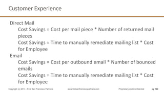 Customer	
  Experience	
  
pg 122Copyright (c) 2014 - First San Francisco Partners www.firstsanfranciscopartners.com Proprietary and Confidential
Direct	
  Mail	
  
Cost	
  Savings	
  =	
  Cost	
  per	
  mail	
  piece	
  *	
  Number	
  of	
  returned	
  mail	
  
pieces	
  
Cost	
  Savings	
  =	
  Time	
  to	
  manually	
  remediate	
  mailing	
  list	
  *	
  Cost	
  
for	
  Employee	
  
Email	
  
Cost	
  Savings	
  =	
  Cost	
  per	
  outbound	
  email	
  *	
  Number	
  of	
  bounced	
  
emails	
  
Cost	
  Savings	
  =	
  Time	
  to	
  manually	
  remediate	
  mailing	
  list	
  *	
  Cost	
  
for	
  Employee	
  
	
  
 