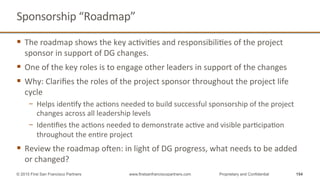 Sponsorship	
  “Roadmap”	
  
§  The	
  roadmap	
  shows	
  the	
  key	
  acQviQes	
  and	
  responsibiliQes	
  of	
  the	
  project	
  
sponsor	
  in	
  support	
  of	
  DG	
  changes.	
  	
  
§  One	
  of	
  the	
  key	
  roles	
  is	
  to	
  engage	
  other	
  leaders	
  in	
  support	
  of	
  the	
  changes	
  
§  Why:	
  Clariﬁes	
  the	
  roles	
  of	
  the	
  project	
  sponsor	
  throughout	
  the	
  project	
  life	
  
cycle	
  
−  Helps	
  idenQfy	
  the	
  acQons	
  needed	
  to	
  build	
  successful	
  sponsorship	
  of	
  the	
  project	
  
changes	
  across	
  all	
  leadership	
  levels	
  
−  IdenQﬁes	
  the	
  acQons	
  needed	
  to	
  demonstrate	
  acQve	
  and	
  visible	
  parQcipaQon	
  
throughout	
  the	
  enQre	
  project	
  
§  Review	
  the	
  roadmap	
  open:	
  in	
  light	
  of	
  DG	
  progress,	
  what	
  needs	
  to	
  be	
  added	
  
or	
  changed?	
  
154© 2015 First San Francisco Partners www.firstsanfranciscopartners.com Proprietary and Confidential
 