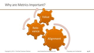 Why	
  are	
  Metrics	
  Important?	
  
Alignment	
  
Rele-­‐
vance	
  
Value	
  
pg 45Copyright (c) 2014 - First San Francisco Partners www.firstsanfranciscopartners.com Proprietary and Confidential
 