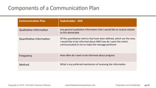Components	
  of	
  a	
  CommunicaQon	
  Plan	
  
pg 63Copyright (c) 2015 - First San Francisco Partners www.firstsanfranciscopartners.com Proprietary and Confidential
Communica4on	
  Plan	
   Stakeholder:	
  	
  XXX	
  
QualitaQve	
  InformaQon	
   Any	
  general	
  qualitaQve	
  informaQon	
  that	
  I	
  would	
  like	
  to	
  receive	
  related	
  
to	
  this	
  deliverable	
  
QuanQtaQve	
  InformaQon	
   Of	
  the	
  quanQtaQve	
  metrics	
  that	
  have	
  been	
  deﬁned,	
  which	
  are	
  the	
  ones	
  
I	
  would	
  like	
  to	
  be	
  informed	
  about	
  AND	
  how	
  do	
  I	
  want	
  the	
  metric	
  
communicated	
  to	
  me	
  to	
  make	
  the	
  message	
  perQnent	
  
	
  
Frequency	
   How	
  open	
  do	
  I	
  want	
  to	
  be	
  informed	
  about	
  progress	
  
	
  
Method	
   What	
  is	
  my	
  preferred	
  mechanism	
  of	
  receiving	
  the	
  informaQon	
  
 