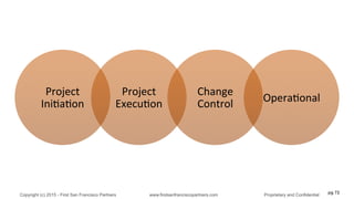Project	
  
IniQaQon	
  
Project	
  
ExecuQon	
  
Change	
  
Control	
  
OperaQonal	
  
pg 72
Copyright (c) 2015 - First San Francisco Partners www.firstsanfranciscopartners.com Proprietary and Confidential
 