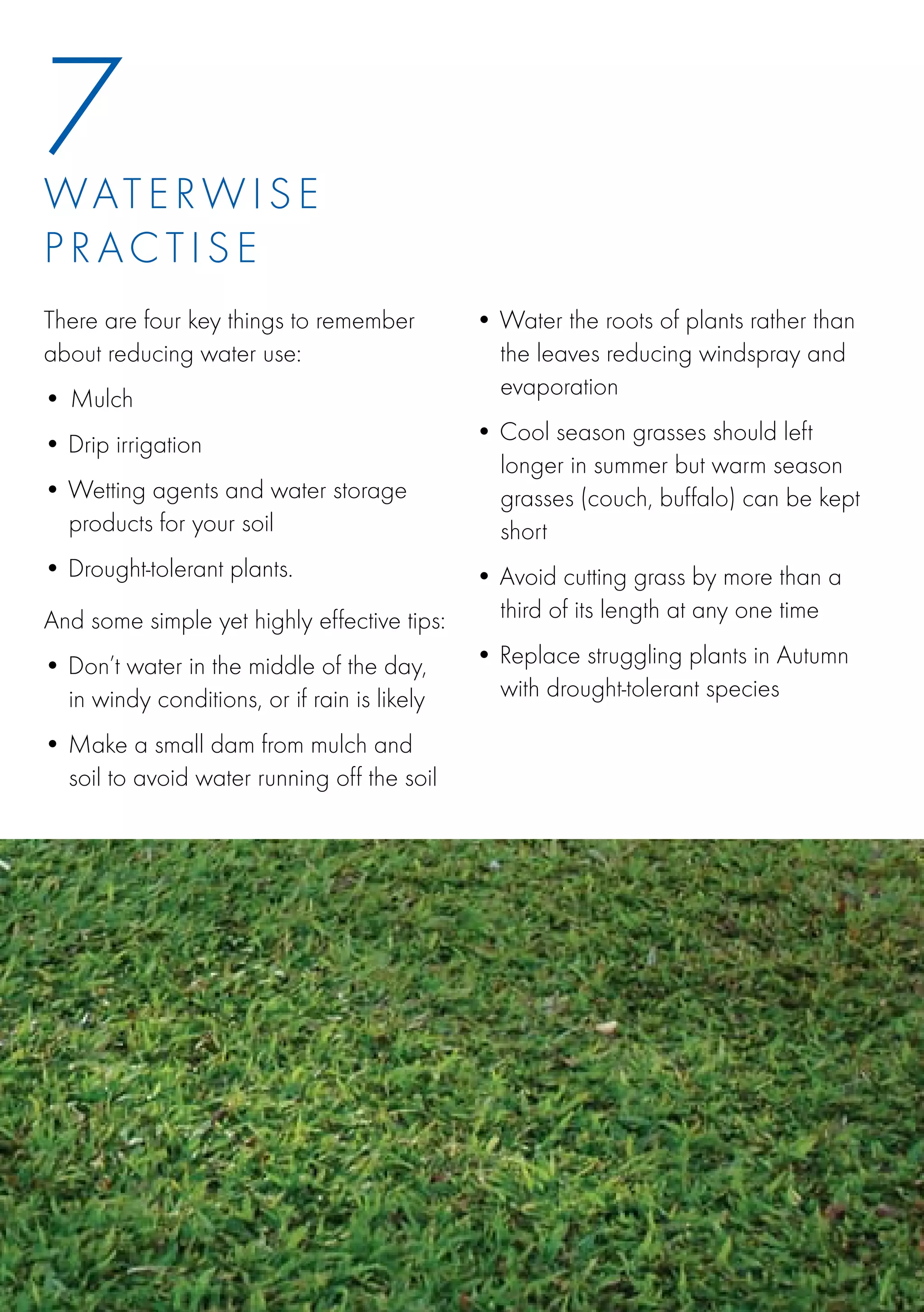 7
WATE R W I S E
PRACTISE
There are four key things to remember         • Water the roots of plants rather than
about reducing water use:                       the leaves reducing windspray and
•	 Mulch                                        evaporation

• Drip irrigation                             • Cool season grasses should left
                                                longer in summer but warm season
• Wetting agents and water storage              grasses (couch, buffalo) can be kept
  products for your soil                        short
• Drought-tolerant plants.                    • Avoid cutting grass by more than a
And some simple yet highly effective tips:      third of its length at any one time

• Don’t water in the middle of the day,       • Replace struggling plants in Autumn
  in windy conditions, or if rain is likely     with drought-tolerant species

• Make a small dam from mulch and
  soil to avoid water running off the soil
 