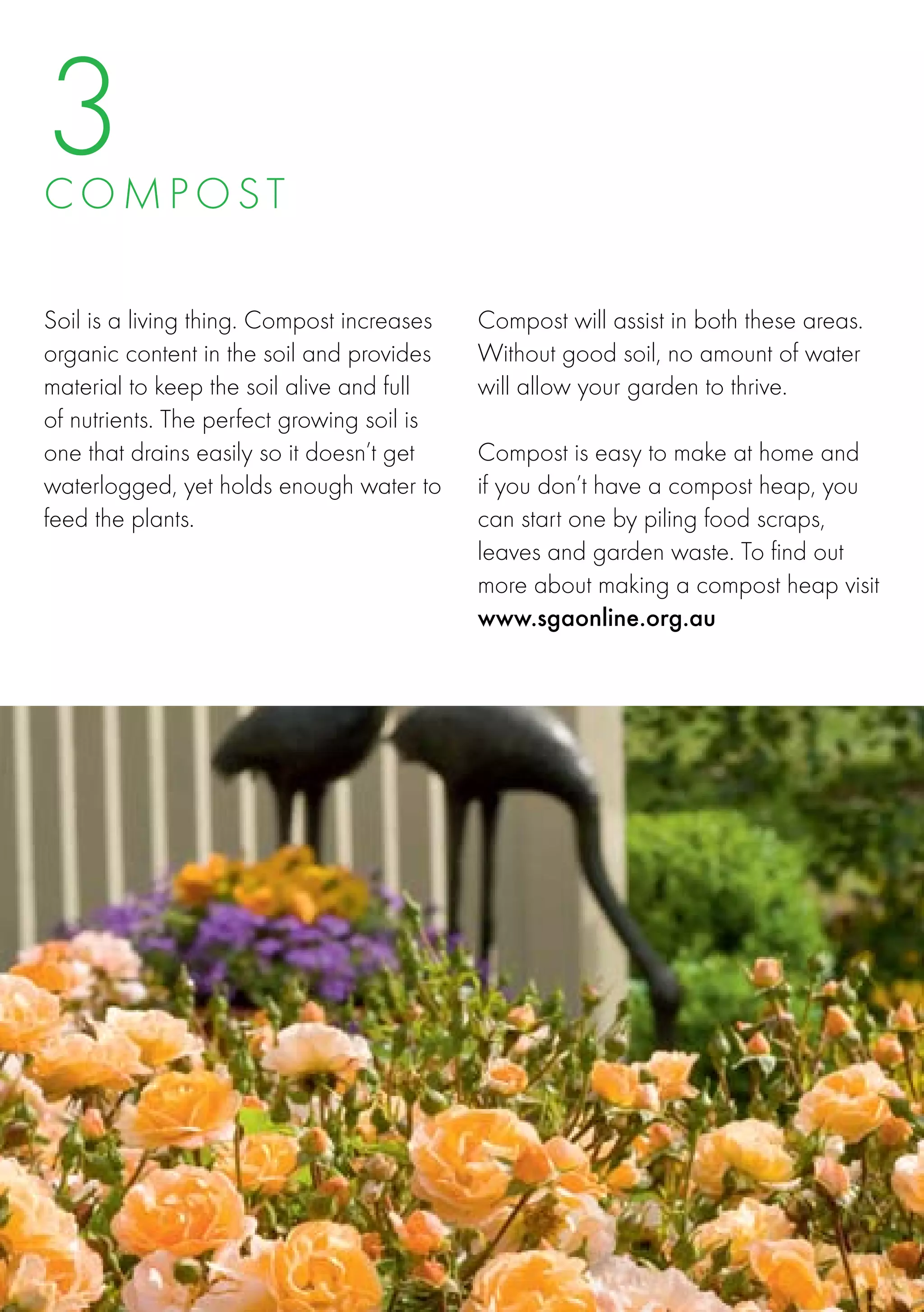 3
C O M PO S T

Soil is a living thing. Compost increases   Compost will assist in both these areas.
organic content in the soil and provides    Without good soil, no amount of water
material to keep the soil alive and full    will allow your garden to thrive.
of nutrients. The perfect growing soil is    
one that drains easily so it doesn’t get    Compost is easy to make at home and
waterlogged, yet holds enough water to      if you don’t have a compost heap, you
feed the plants.                            can start one by piling food scraps,
                                            leaves and garden waste. To find out
                                            more about making a compost heap visit
                                            www.sgaonline.org.au
 