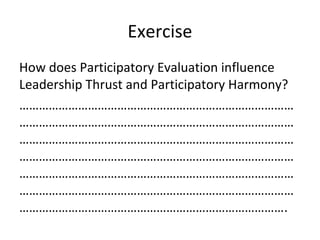 Exercise
How does Participatory Evaluation influence
Leadership Thrust and Participatory Harmony?
…………………………………………………………………………
…………………………………………………………………………
…………………………………………………………………………
…………………………………………………………………………
…………………………………………………………………………
…………………………………………………………………………
……………………………………………………………………….
 