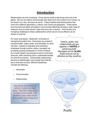 Introduction
Relationships are ever increasing. Every day the world is becoming more and more
global. We are now able to communicate with others from the comfort of our homes, as
we travel in our cars, and even as we fly. Today’s leaders lead diverse teams that
come from different generations, cultures, time zones and geography. These teams
have the technical ability and agility to communicate effectively through a wide range of
mediums such as email, phone, video chat and even in person. And yet there are
increasing challenges to these collaborations where we are not as effective as we
should or could be.

For many businesses, “leadership” is focused on
managing the bottom-line. Executives are pushed to                Visions, goals, and
increase profits, reduce costs, and ultimately, do more          relationships are put
with less. Instead of cultivating and motivating                together in HOPES of
employees through positive means, managers are                      achieving profit.
constantly pushing employees to “hit the numbers”.            Managers do not ALIGN
As a result, leaders are pressed to look for short-term          these and are not as
shortcuts, often sacrificing future, sustainable benefits    effective as they could be.
for short-term answers. Unfortunately relationships
become an afterthought, even though they hold the
key to business success. Effective leadership
includes the following:

   o Information

   o Communication

   o Relationships


    Executives	
  are	
  pressed	
  to	
  
     deliver	
  results	
  on	
  a	
  daily	
  
  basis.	
  	
  TTherefore,	
  hey	
  focus	
  
    basis.	
  	
   herefore,	
  t they	
  are	
  
   on	
  short-­‐term	
  results.	
  	
  The	
  
      focused	
  on	
  short-­‐term	
  
   results.	
  	
  The	
  problem	
  short-­‐
   problem	
  arises	
  when	
   arises	
  
  term	
  results	
  harm	
  long-­‐term	
  
     when	
  short-­‐term	
  results	
  
      harm	
  long-­‐term	
  value.	
  
                      value.	
  
                           	
  




                                                    4
 