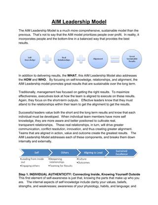 AIM Leadership Model
The AIM Leadership Model is a much more comprehensive, sustainable model than the
previous. That’s not to say that the AIM model prioritizes people over profit. In reality, it
incorporates people and the bottom-line in a balanced way that provides the best
results.




In addition to delivering results, the WHAT, this AIM Leadership Model also addresses
the HOW and WHO. By focusing on self-knowledge, relationships, and alignment, the
AIM Leadership model promotes great results that are sustainable over the long term.

Traditionally, management has focused on getting the right results. To maximize
effectiveness, executives look at how the team is aligned to execute on these results.
Again, they focus on the short-term outputs. Effective leaders know that they must
attend to the relationships within their team to get the alignment to get the results.

Successful leaders value both the short and the long term results and know that each
individual must be developed. When individual team members have more self
knowledge, they are more aware and better positioned to cultivate real,
transparent relationships. These real relationships, in turn, will drive greater
communication, conflict resolution, innovation, and thus creating greater alignment.
Teams that are aligned in action, value and outcome create the greatest results. The
AIM Leadership Model addresses each of these components, and breaks them down
internally and externally.




Step 1. INDIVIDUAL AUTHENTICITY: Connecting Inside, Knowing Yourself Outside
This first element of self-awareness is just that, knowing the parts that make up who you
are. The internal aspects of self knowledge include clarity your values, beliefs,
strengths, and weaknesses; awareness of your physiology, habits, and language; and


                                              6
 