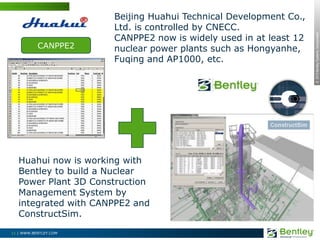 Beijing Huahui Technical Development Co., Ltd. is controlled by CNECC.CANPPE2 now is widely used in at least 12 nuclear power plants such as Hongyanhe, Fuqing and AP1000, etc.CANPPE2Huahui now is working with Bentley to build a Nuclear Power Plant 3D Construction Management System by integrated with CANPPE2 and ConstructSim.