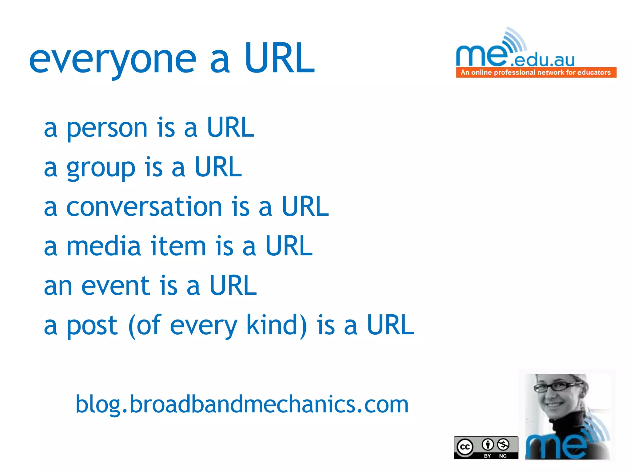 everyone a URL a person is a URL a group is a URL a conversation is a URL a media item is a URL an event is a URL a post (of every kind) is a URL blog.broadbandmechanics.com  