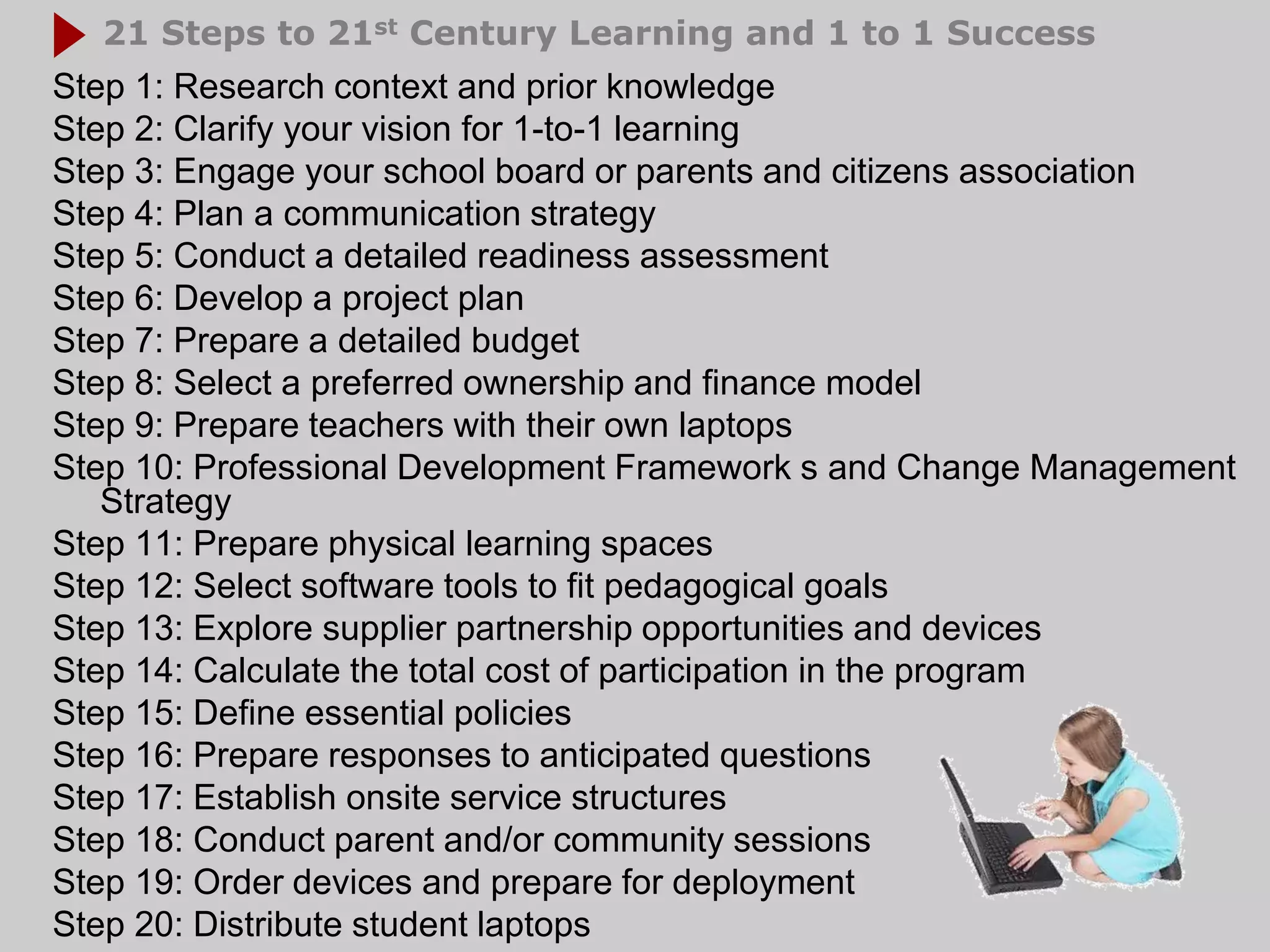 21 Steps to 21st Century Learning and 1 to 1 Success
Step 1: Research context and prior knowledge
Step 2: Clarify your vision for 1-to-1 learning
Step 3: Engage your school board or parents and citizens association
Step 4: Plan a communication strategy
Step 5: Conduct a detailed readiness assessment
Step 6: Develop a project plan
Step 7: Prepare a detailed budget
Step 8: Select a preferred ownership and finance model
Step 9: Prepare teachers with their own laptops
Step 10: Professional Development Framework s and Change Management
   Strategy
Step 11: Prepare physical learning spaces
Step 12: Select software tools to fit pedagogical goals
Step 13: Explore supplier partnership opportunities and devices
Step 14: Calculate the total cost of participation in the program
Step 15: Define essential policies
Step 16: Prepare responses to anticipated questions
Step 17: Establish onsite service structures
Step 18: Conduct parent and/or community sessions
Step 19: Order devices and prepare for deployment
Step 20: Distribute student laptops
 