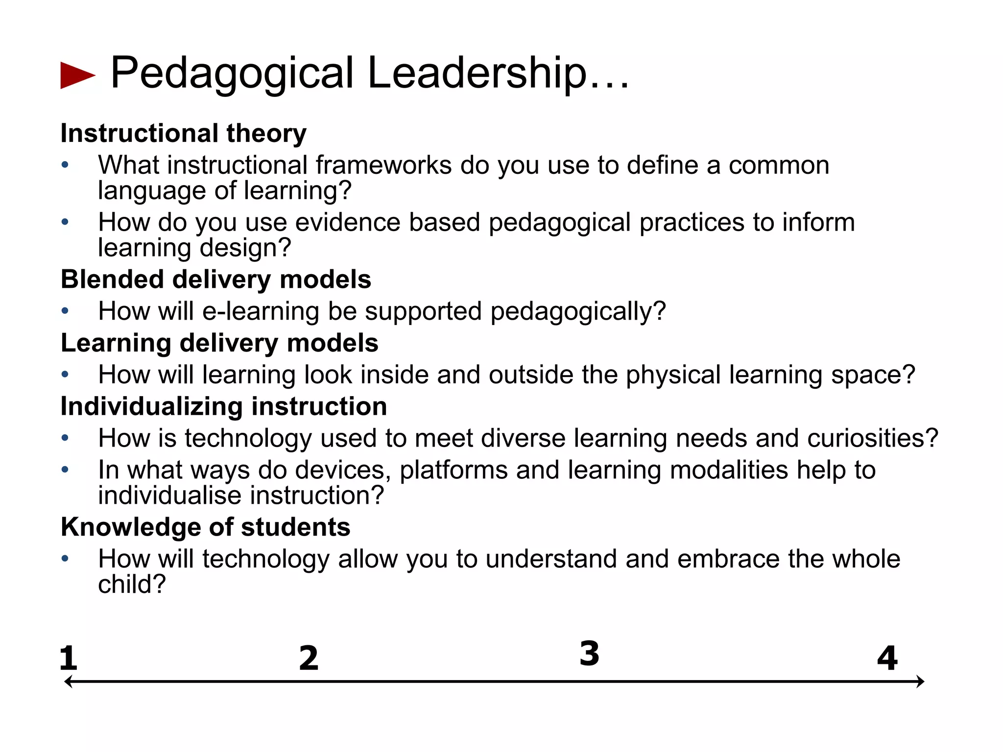 Pedagogical Leadership…
Instructional theory
• What instructional frameworks do you use to define a common
   language of learning?
• How do you use evidence based pedagogical practices to inform
   learning design?
Blended delivery models
• How will e-learning be supported pedagogically?
Learning delivery models
• How will learning look inside and outside the physical learning space?
Individualizing instruction
• How is technology used to meet diverse learning needs and curiosities?
• In what ways do devices, platforms and learning modalities help to
   individualise instruction?
Knowledge of students
• How will technology allow you to understand and embrace the whole
   child?

1                  2                      3                       4
 