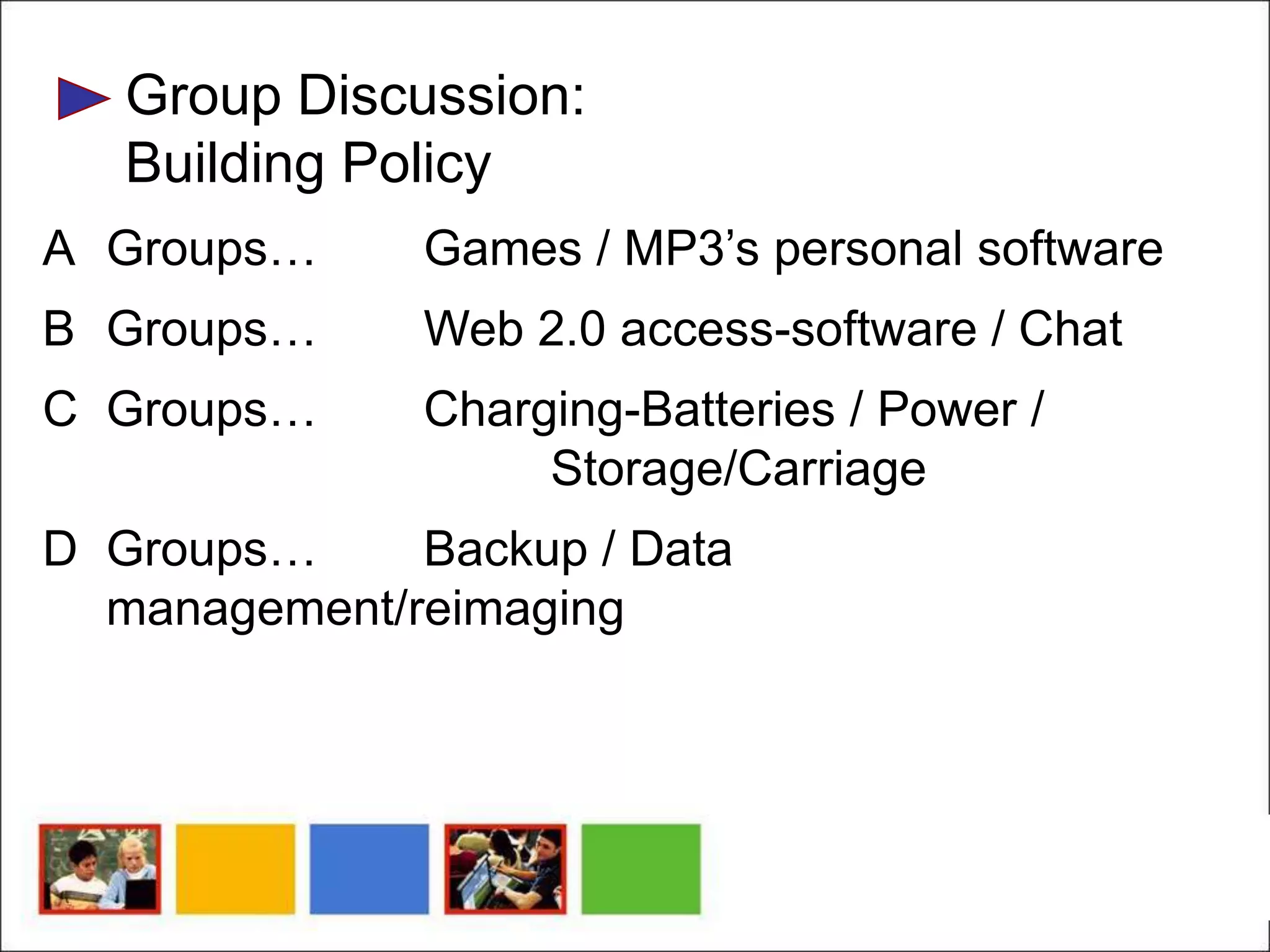 Group Discussion:
   Building Policy
A Groups…     Games / MP3’s personal software
B Groups…     Web 2.0 access-software / Chat
C Groups…     Charging-Batteries / Power /
                   Storage/Carriage
D Groups…     Backup / Data
  management/reimaging
 