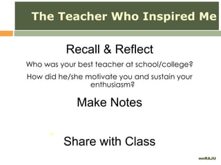 mnRAJU
11
The Teacher Who Inspired Me
Recall & Reflect
Who was your best teacher at school/college?
How did he/she motivate you and sustain your
enthusiasm?
Make Notes
Share with Class
 