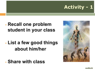 Activity - 1
mnRAJU
 Recall one problem
student in your class
 List a few good things
about him/her
 Share with class
 