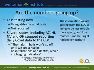 Are the numbers going up?
• Less testing now…
– Using at-home rapid tests
– Not reported
• Several states, including AZ, H...