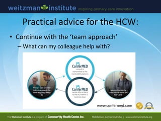 Practical advice for the HCW:
• Continue with the ‘team approach’
– What can my colleague help with?
www.confermed.com
 