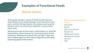 INNOVATION FOR THE FOOD SERVICE SECTOR
Examples of Functional Foods
These grains provide a variety of health benefits because
they literally are the whole package. Grains have three main
parts, and the refining of grains into products such as white
bread or white rice strips these important, nutrient-filled
layers away.
Whole grains have all three layers, which helps it to keep the
body healthy, reduce disease risk, and help prevent chronic
conditions. Whole grain products that are high in fibre and
low in added sugars can also improve digestive health while
protecting against inflammation.
Some common whole grains
include:
•Amaranth
•Barley
•Oats and oatmeal
•Brown rice
•Whole-grain pasta
•Whole-grain bread
•Quinoa
•Teff
Whole Grains
 