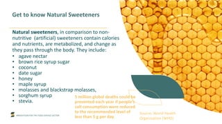 INNOVATION FOR THE FOOD SERVICE SECTOR
Get to know Natural Sweeteners
Natural sweeteners, in comparison to non-
nutritive (artificial) sweeteners contain calories
and nutrients, are metabolized, and change as
they pass through the body. They include:
• agave nectar
• brown rice syrup sugar
• coconut
• date sugar
• honey
• maple syrup
• molasses and blackstrap molasses,
• sorghum syrup
• stevia.
5 million global deaths could be
prevented each year if people’s
salt consumption were reduced
to the recommended level of
less than 5 g per day
Source: World Health
Organisation (WHO)
 
