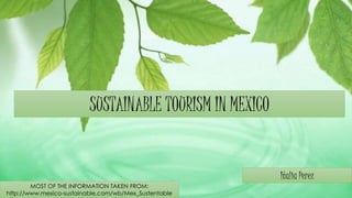 SUSTAINABLE TOURISM IN MEXICO
Italia Perez
MOST OF THE INFORMATION TAKEN FROM:
http://www.mexico-sustainable.com/wb/Mex_Sustentable
 