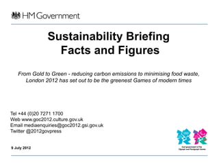 Sustainability Briefing
                 Facts and Figures
   From Gold to Green - reducing carbon emissions to minimising food waste,
      London 2012 has set out to be the greenest Games of modern times




Tel +44 (0)20 7271 1700
Web www.goc2012.culture.gov.uk
Email mediaenquiries@goc2012.gsi.gov.uk
Twitter @2012govpress


9 July 2012
 