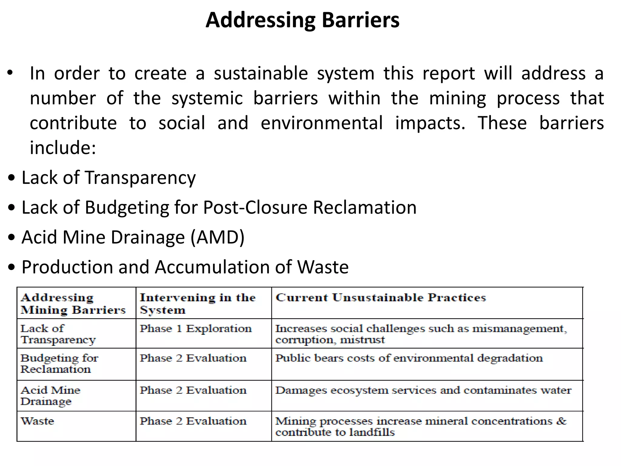 Addressing Barriers
• In order to create a sustainable system this report will address a
number of the systemic barriers within the mining process that
contribute to social and environmental impacts. These barriers
include:
• Lack of Transparency
• Lack of Budgeting for Post-Closure Reclamation
• Acid Mine Drainage (AMD)
• Production and Accumulation of Waste
 