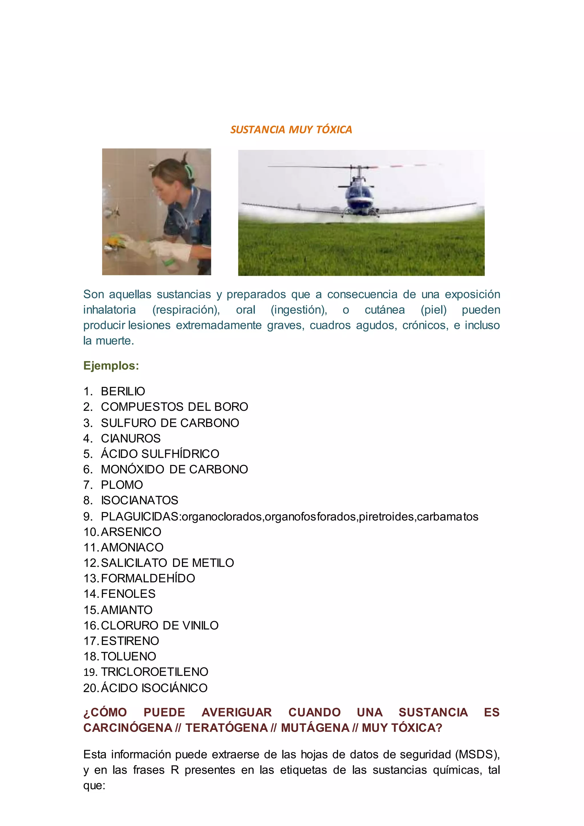 SUSTANCIA MUY TÓXICA
Son aquellas sustancias y preparados que a consecuencia de una exposición
inhalatoria (respiración), oral (ingestión), o cutánea (piel) pueden
producir lesiones extremadamente graves, cuadros agudos, crónicos, e incluso
la muerte.
Ejemplos:
1. BERILIO
2. COMPUESTOS DEL BORO
3. SULFURO DE CARBONO
4. CIANUROS
5. ÁCIDO SULFHÍDRICO
6. MONÓXIDO DE CARBONO
7. PLOMO
8. ISOCIANATOS
9. PLAGUICIDAS:organoclorados,organofosforados,piretroides,carbamatos
10.ARSENICO
11.AMONIACO
12.SALICILATO DE METILO
13.FORMALDEHÍDO
14.FENOLES
15.AMIANTO
16.CLORURO DE VINILO
17.ESTIRENO
18.TOLUENO
19. TRICLOROETILENO
20.ÁCIDO ISOCIÁNICO
¿CÓMO PUEDE AVERIGUAR CUANDO UNA SUSTANCIA ES
CARCINÓGENA // TERATÓGENA // MUTÁGENA // MUY TÓXICA?
Esta información puede extraerse de las hojas de datos de seguridad (MSDS),
y en las frases R presentes en las etiquetas de las sustancias químicas, tal
que:
 