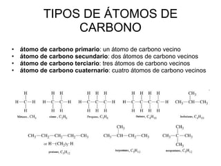 TIPOS DE ÁTOMOS DE CARBONO átomo de carbono primario : un átomo de carbono vecino  átomo de carbono secundario : dos átomos de carbono vecinos  átomo de carbono terciario : tres átomos de carbono vecinos  átomo de carbono cuaternario : cuatro átomos de carbono vecinos  