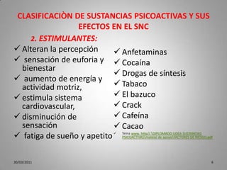 CLASIFICACIÒN DE SUSTANCIAS PSICOACTIVAS Y SUS EFECTOS EN EL SNCDEPRESORASDisminuyen nivel funcionamiento SNC. 