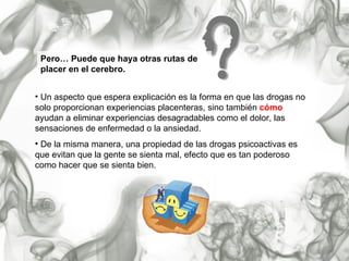Un aspecto que espera explicación es la forma en que las drogas no solo proporcionan experiencias placenteras, sino también   cómo  ayudan a eliminar experiencias desagradables como el dolor, las sensaciones de enfermedad o la ansiedad. De la misma manera, una propiedad de las drogas psicoactivas es que evitan que la gente se sienta mal, efecto que es tan poderoso como hacer que se sienta bien.  Pero… Puede que haya otras rutas de placer en el cerebro.  