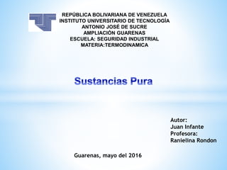 REPÚBLICA BOLIVARIANA DE VENEZUELA
INSTITUTO UNIVERSITARIO DE TECNOLOGÍA
ANTONIO JOSÉ DE SUCRE
AMPLIACIÓN GUARENAS
ESCUELA: SEGURIDAD INDUSTRIAL
MATERIA:TERMODINAMICA
Autor:
Juan Infante
Profesora:
Ranielina Rondon
Guarenas, mayo del 2016
 