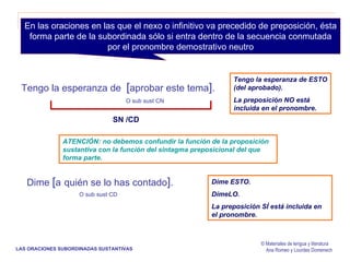 © Materiales de lengua y literatura Ana Romeo y Lourdes Domenech En las oraciones en las que el nexo o infinitivo va precedido de preposición, ésta forma parte de la subordinada sólo si entra dentro de la secuencia conmutada por el pronombre demostrativo neutro Tengo la esperanza de  [ aprobar este tema ] . Tengo la esperanza de ESTO (del aprobado).  La preposición NO está incluida en el pronombre.  O sub sust CN Dime  [ a   quién se lo has contado ] . Dime ESTO.  DímeLO.  La preposición SÍ está incluida en el pronombre.  O sub sust CD ATENCIÓN: no debemos confundir la función de la proposición sustantiva con la función del sintagma preposicional del que forma parte. SN /CD LAS ORACIONES SUBORDINADAS SUSTANTIVAS 