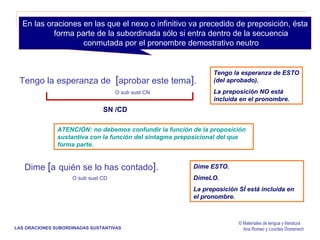 © Materiales de lengua y literatura Ana Romeo y Lourdes Domenech En las oraciones en las que el nexo o infinitivo va precedido de preposición, ésta forma parte de la subordinada sólo si entra dentro de la secuencia conmutada por el pronombre demostrativo neutro Tengo la esperanza de  [ aprobar este tema ] . Tengo la esperanza de ESTO (del aprobado).  La preposición NO está incluida en el pronombre.  O sub sust CN Dime  [ a   quién se lo has contado ] . Dime ESTO.  DímeLO.  La preposición SÍ está incluida en el pronombre.  O sub sust CD ATENCIÓN: no debemos confundir la función de la proposición sustantiva con la función del sintagma preposicional del que forma parte. SN /CD LAS ORACIONES SUBORDINADAS SUSTANTIVAS 