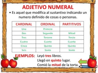 ADJETIVO NUMERAL
• Es aquel que modifica al sustantivo indicando un
numero definido de cosas o personas.
EJEMPLOS: Leyó tres libros.
Llegó en quinto lugar.
Comió la mitad de la torta.
 