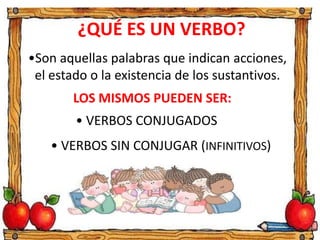 ¿QUÉ ES UN VERBO?
•Son aquellas palabras que indican acciones,
el estado o la existencia de los sustantivos.
LOS MISMOS PUEDEN SER:
• VERBOS CONJUGADOS
• VERBOS SIN CONJUGAR (INFINITIVOS)
 